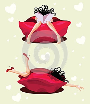 Girl rest in red pouffe