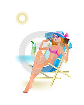 Girl, resting, sunbathing on beach, drinking cocktail, making selfie.