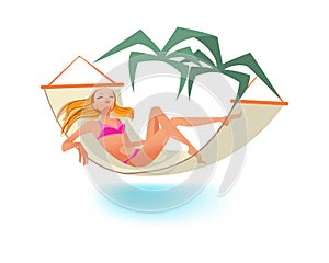 Girl rests on sea, sunbathing, relaxes lying in hammock.