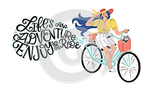 Girl on a retro bike with lettering life is adventure, enjoy the ride.