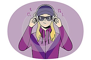 Girl in retro clothes listen to music in headphones