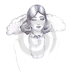 Girl retro vintage pencil sketch outline old-fashioned collar flounce jacket old hairstyle thirties on a white background line ill photo