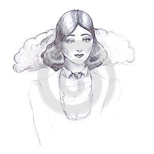 Girl retro vintage pencil sketch outline old-fashioned collar flounce jacket old hairstyle thirties on a white background line ill