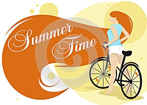 A girl rides a Bicycle in a beautiful T-shirt and shorts, her hair is hand-written summer time. Vector illustration