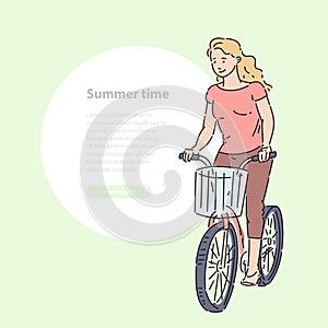 Girl rides bicycle with shopping basket in summer time vector line art illustration banner and round area for text.