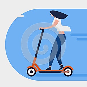 A girl rides an eco friendly non polluting electric scooter