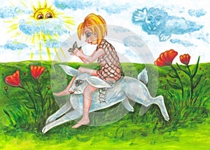 A girl rides a hare. Painting with honey and ordinary watercolors on paper.