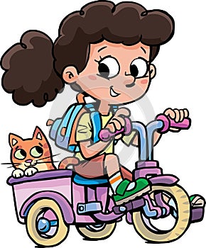 Girl rides a tricycle with a cat