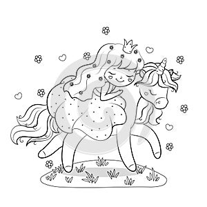 Cute cartoon princess riding on unicorn isolated on romantic background with hearts and flowers.
