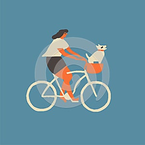 Girl riding a bicycle carrying a dog in a basket illustration in vector.