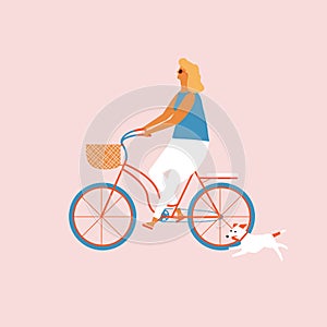 Girl riding a bicycle. Cycling people illustration.