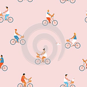 Girl riding a bicycle seamless pattern. Cycling people illustration.