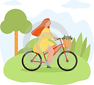 Girl riding bike with basket full of flowers in summer landscape. Spring outdoor activity vector concept with cycling