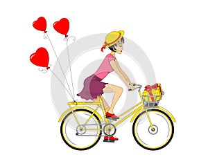 Girl riding a bike with gift and  red heart air balls