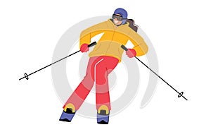 Girl Riding Downhills by Skis Has Wintertime Fun and Leisure Time. Winter Sports Activity and Spare Time, Woman Skiing