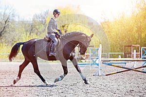 Girl riding horse on her course in show jumping