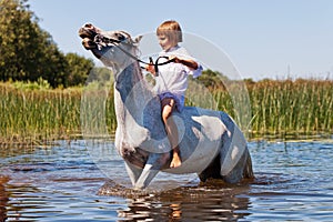 Girl riding a horse in a river