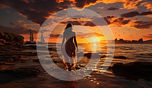 Girl riding a horse at sunset. A woman in a white dress walking into the ocean at sunset