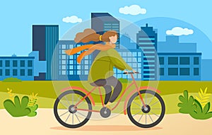 Girl riding in park. Woman rides bicycle on city road. Female character doing sports outdoors