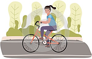 Girl riding in park. Woman rides bicycle on city road. Female character doing sports outdoors