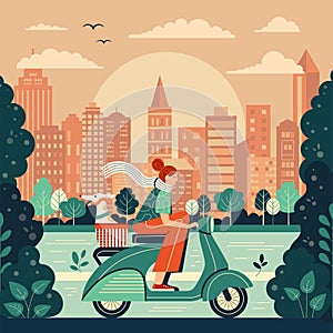 Girl Riding Retro Scooter with Dog in Basket