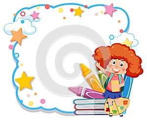 A girl riding a rocketship with colorful stars