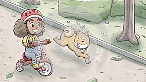 Girl riding a tricycle bike and followed by shiba dog in a park