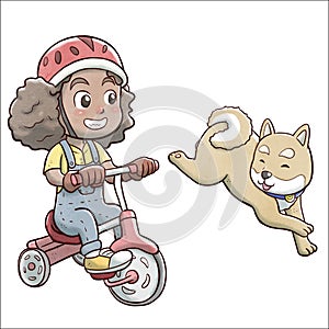 Girl riding a tricycle bike and followed by shiba dog - white background