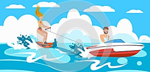 Girl riding Water Skiing. Vector Illustration.