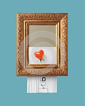 Girl with a ripe tomato balloon in the shape of a heart in a vintage frame with an ornament on a blue background. Self