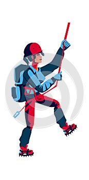 Girl rock climber in sports equipment backpack