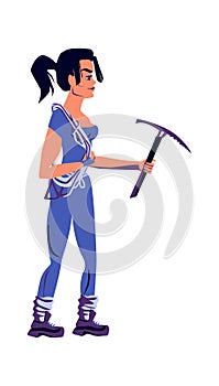 Girl rock climber in sports equipment with pickaxe