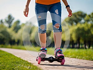 A girl rollerblades along a path in the park,