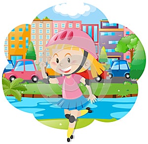 Girl with rollerskate and helmet