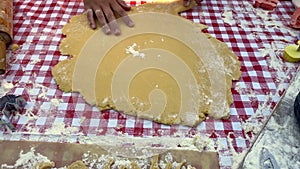 Girl rolling the dough with a rolling pin on the table 