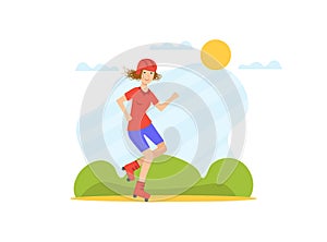 Girl Rolling on Roller Blades, Young Woman Doing Physical Activity Outdoors Vector Illustration