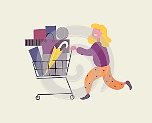 Girl rolls the cart with purchases. Sale at store. Flat design, vector illustration