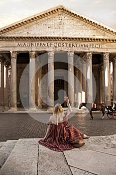 Girl Rome Italy Sunrise Pantheon