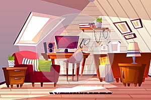 Girl room at garret attic vector illustration