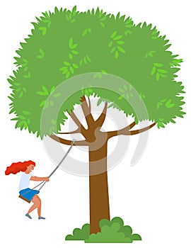 Girl on Rope Swing Hanging on Tree Branch Vector