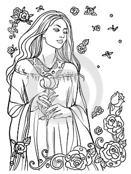 Girl with a rose linear black and white vector drawing. For coloring books. Graceful illustration.