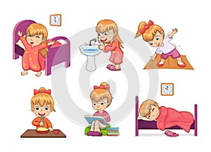 Girl Daily Routine Collection Vector Illustration