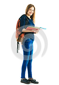 Girl with a rucksack and color folders