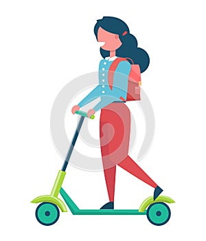 Girl with Rucksack Riding on Kick Scooter Vector