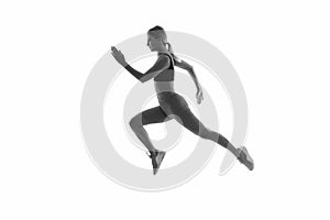 Girl runner on white background. Sport lifestyle and health concept. Start run. Life is motion. Woman athlete run