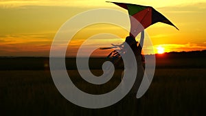 Girl running around with a kite on the field at evening.