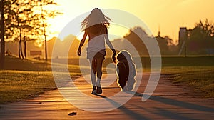 Girl running with a dog in the park. happy family freedom is a kid\'s dream concept.