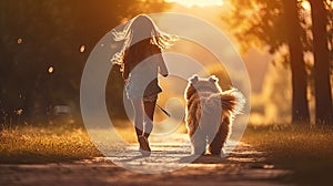 Girl running with a dog in the park. happy family freedom is a kid\'s dream concept.