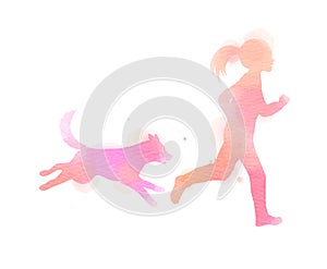 Girl running with dog silhouette on watercolor background. The concept of trust, friendship and pet care. Digital art painting.