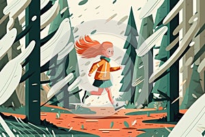 A girl is running through the forest in panic